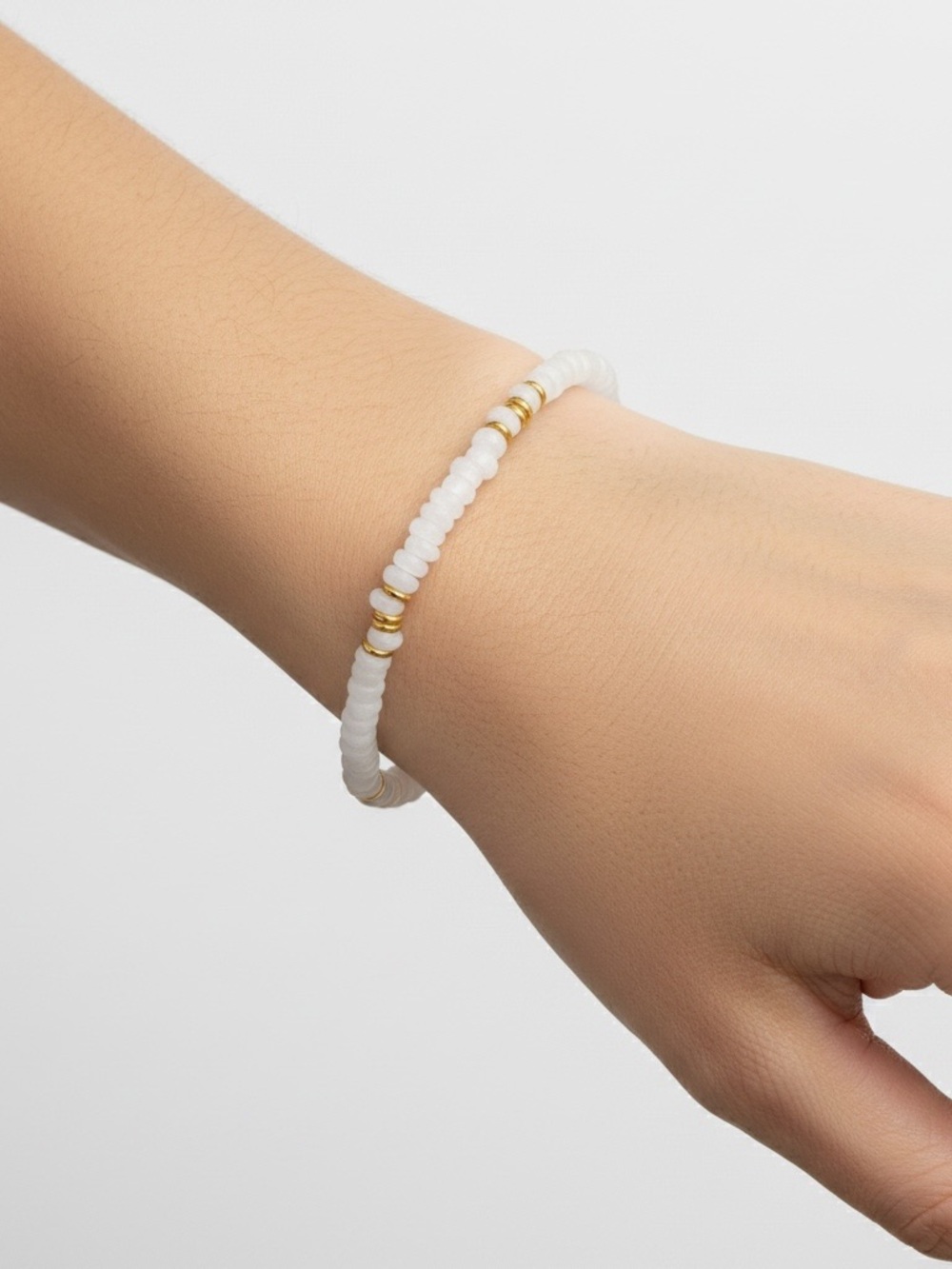 White Natural Quartz Beaded Stretch Bracelet with Gold Accents - Picture 2 of 2